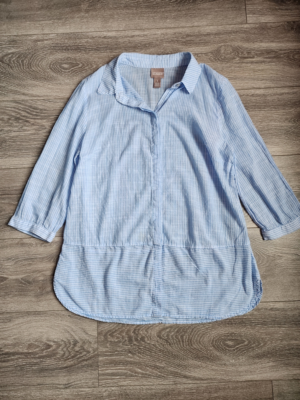Relaxed Cotton Light Blue & White Striped Quarter Sleeve Shirt Size Medium Coast